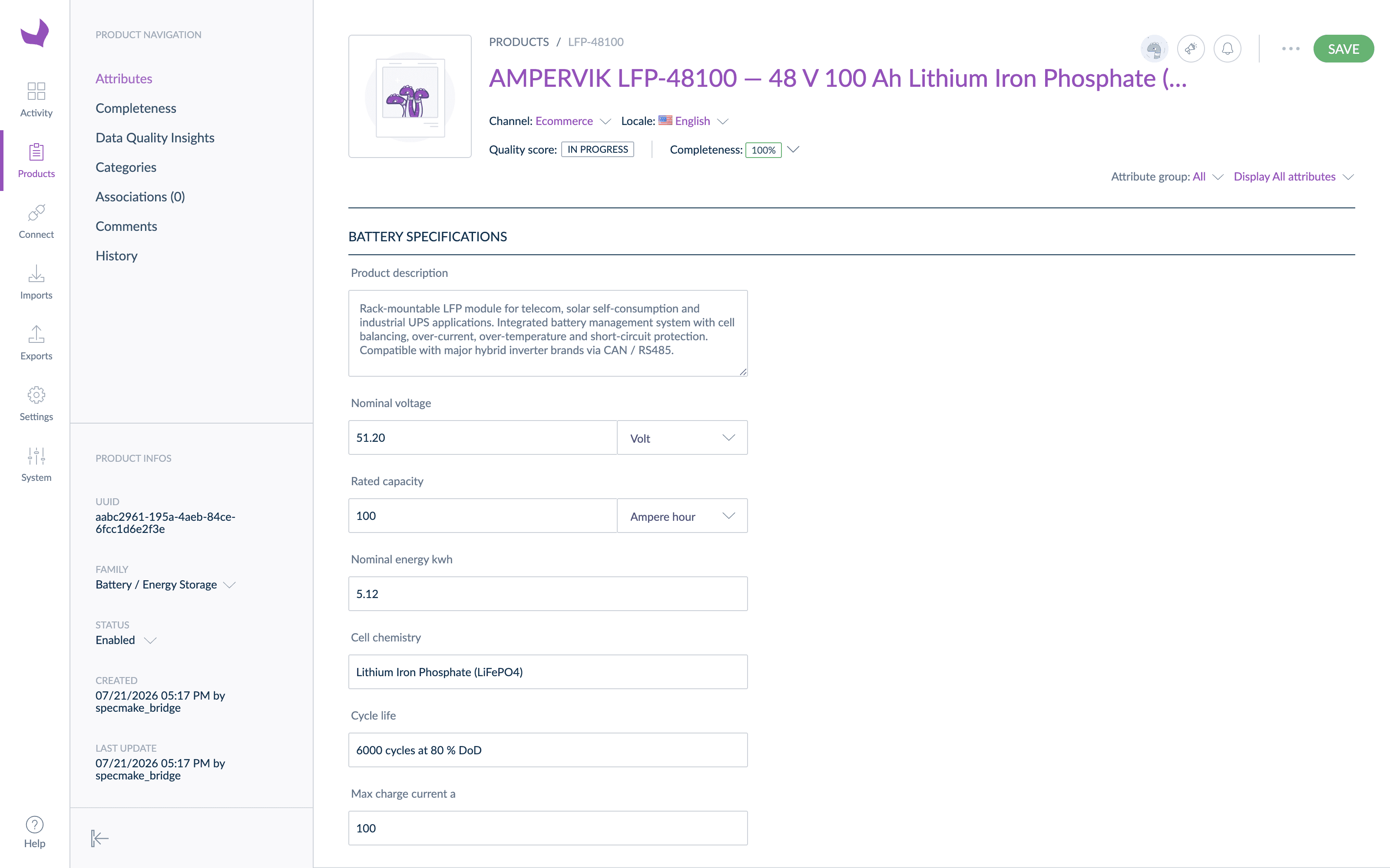 Akeneo product edit form for a battery module showing nominal voltage 51.20 with unit Volt and rated capacity 100 with unit Ampere hour as typed measurement attributes