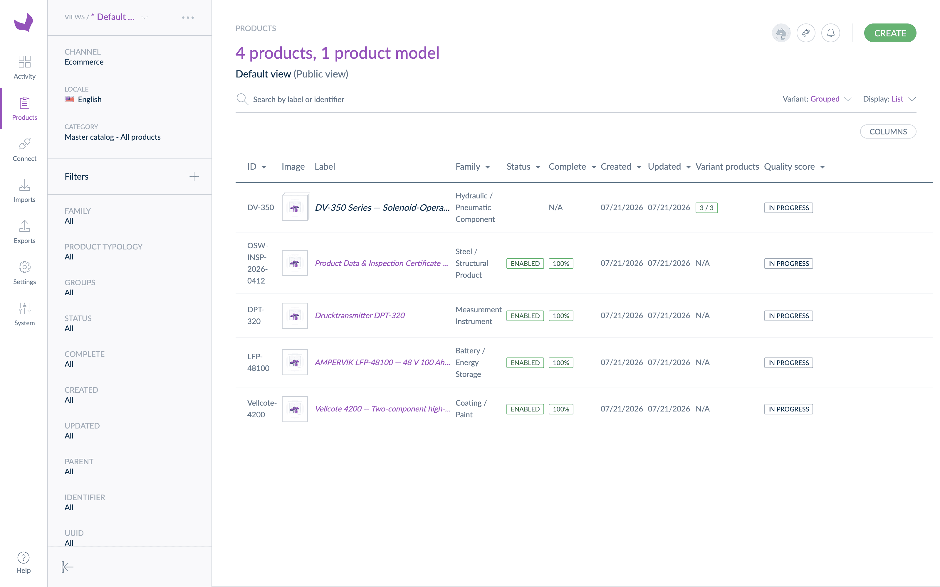 Akeneo product grid showing five industrial products created from supplier datasheets, with families, completeness scores, and one product model with three variants