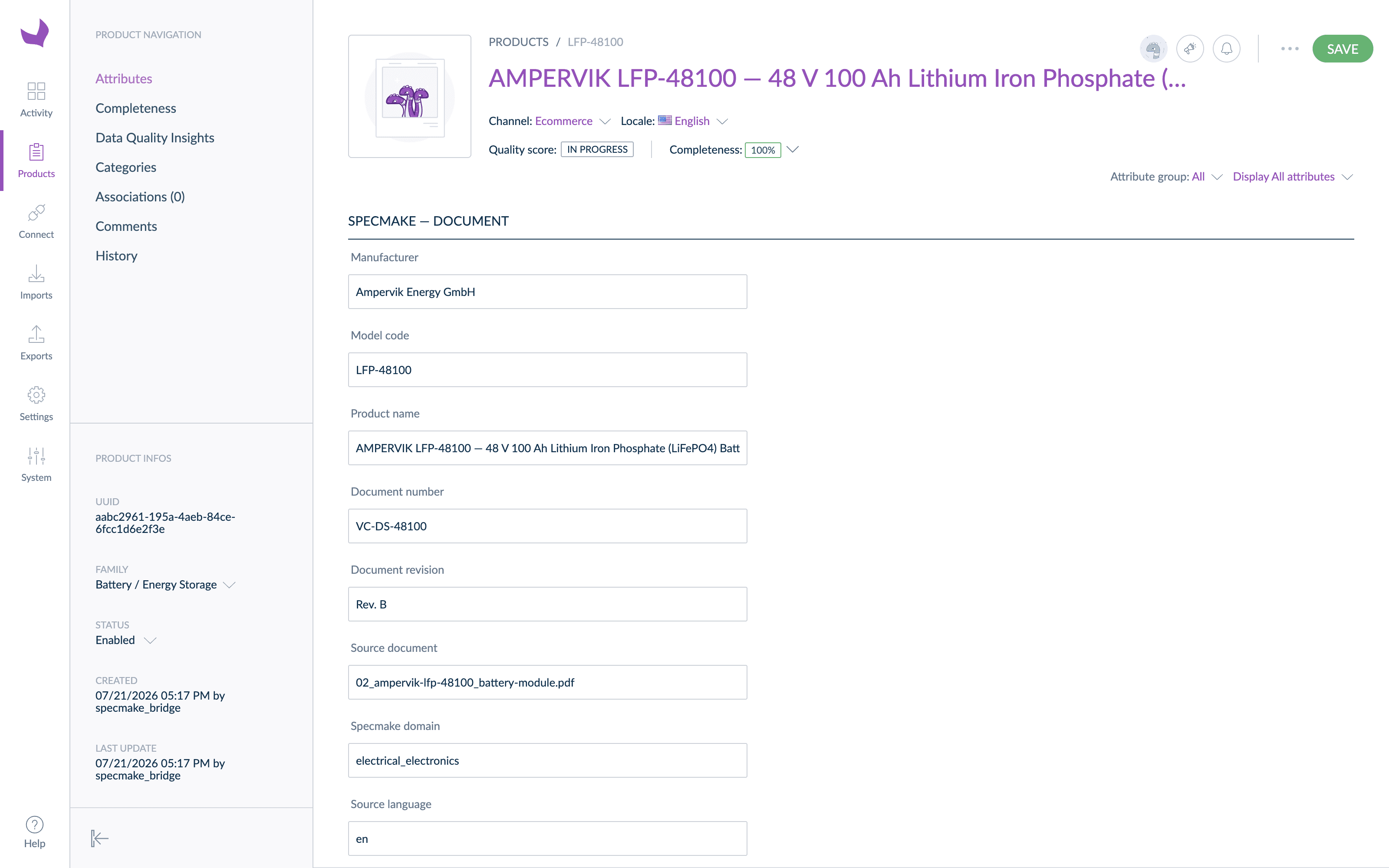 Akeneo product attributes showing document provenance fields: source document filename, document number, revision, detected domain, and source language