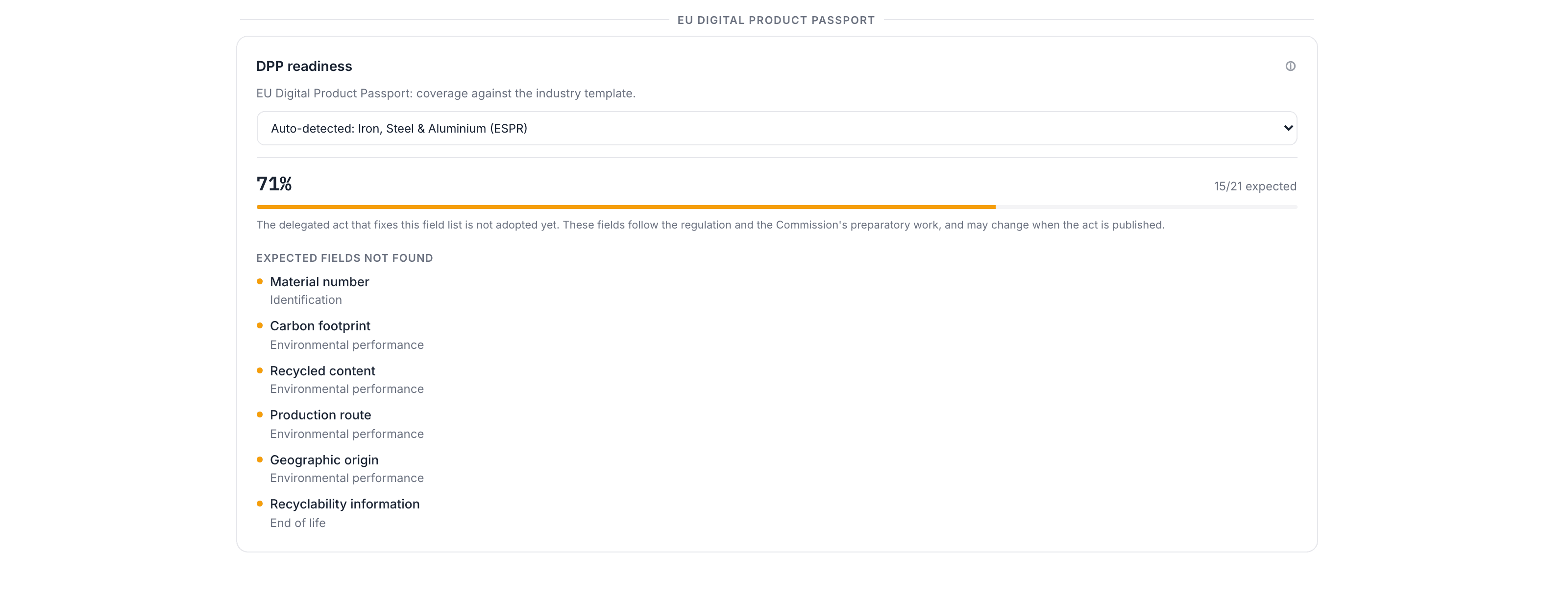 DPP readiness card for the processed steel certificate: the auto-detected iron, steel and aluminium (ESPR) category at 71%, 15 of 21 expected fields, and the expected fields not found, including carbon footprint, recycled content and production route