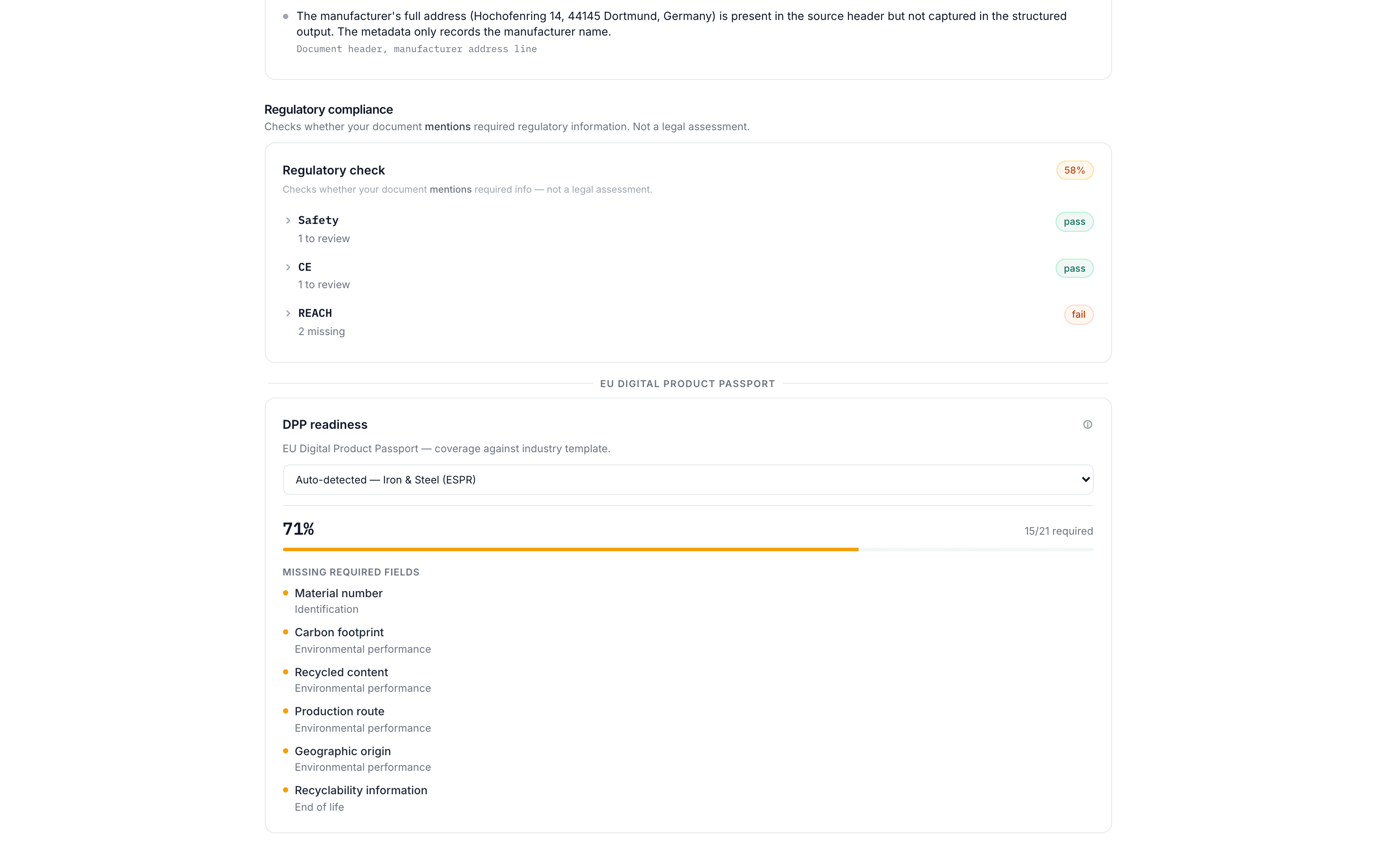 DPP readiness card for the processed steel certificate showing the auto-detected iron and steel ESPR category, 71% coverage of required fields, and a list of missing required fields including carbon footprint, recycled content and production route
